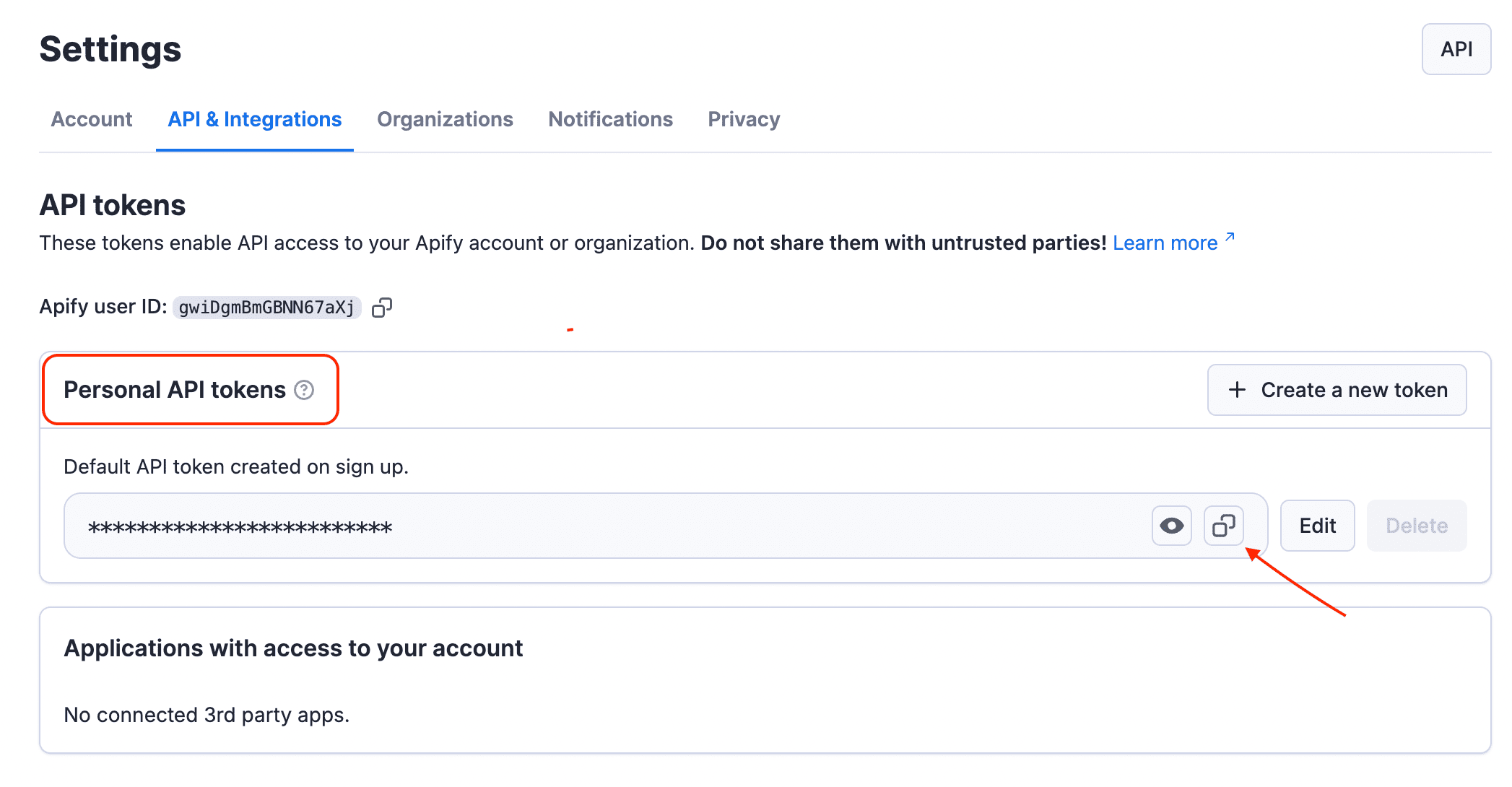 Apify Console Settings page showing Personal API tokens section with token management options